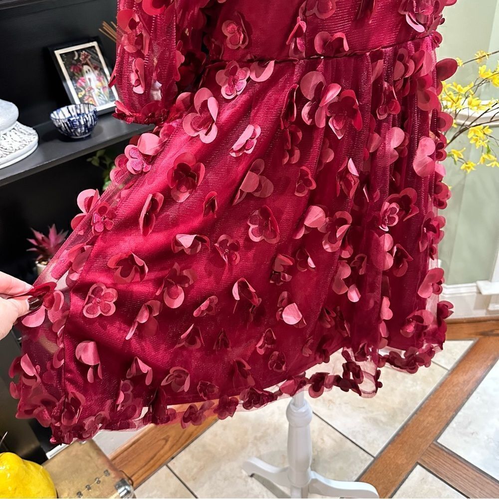 TCEC Burgundy Mini Dress with 3D Petal Appliqués - Picture 10 of 14